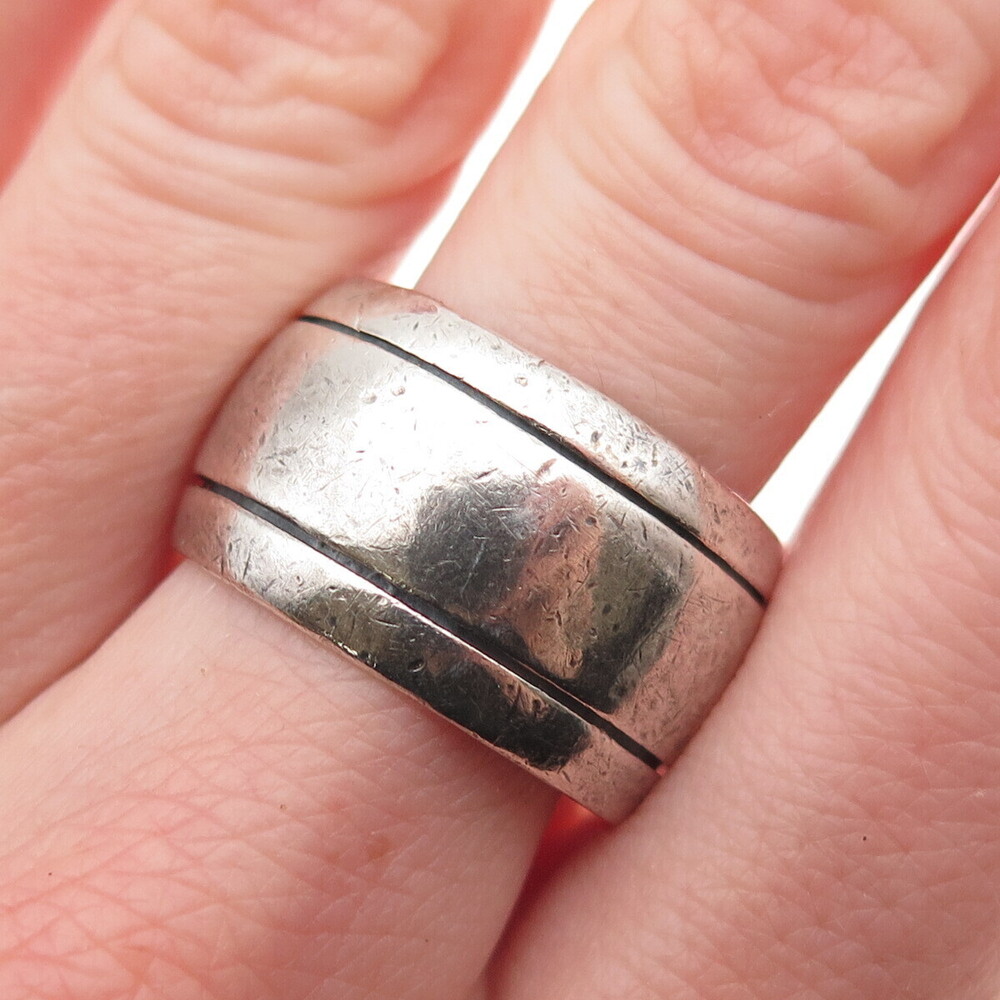 925 Sterling Silver Vintage Mexico Oxidized Wide Band Ring Size 9.75
